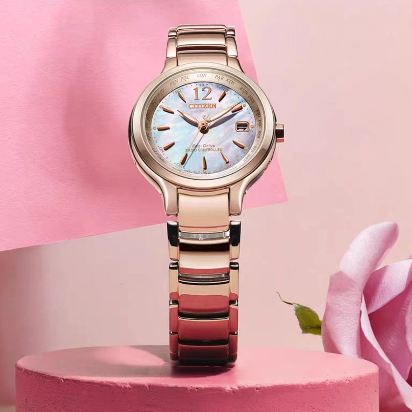 Citizen/西铁城天然贝母盘光动能多局电波女士手表 EC1173-87Y