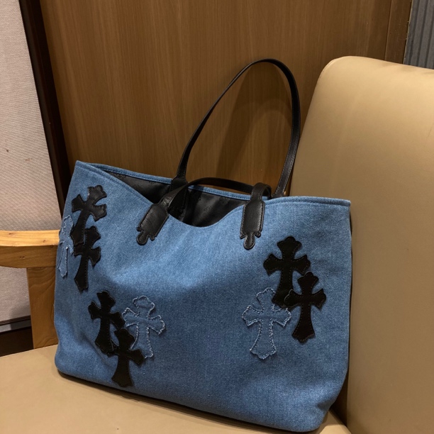 Misshoney 头层牛皮配水洗牛仔单肩蓝色托特包