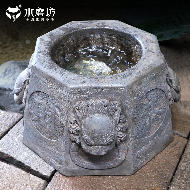 中式庭院假山流水景观鱼池花园布置创意石狮喷泉造景装饰水池摆件