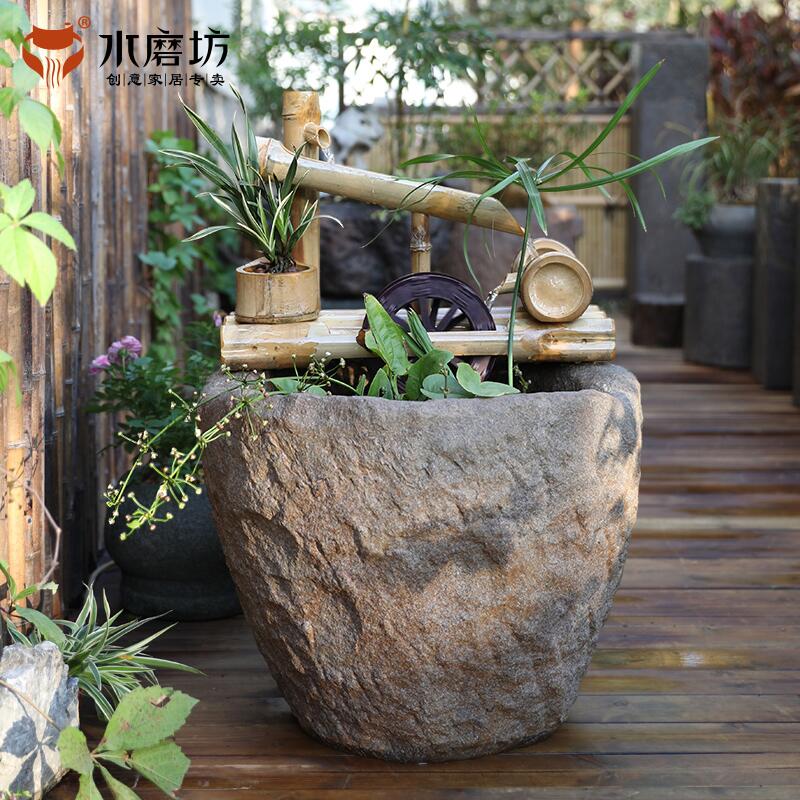 水磨坊风车竹筒流水禅意装饰摆件
