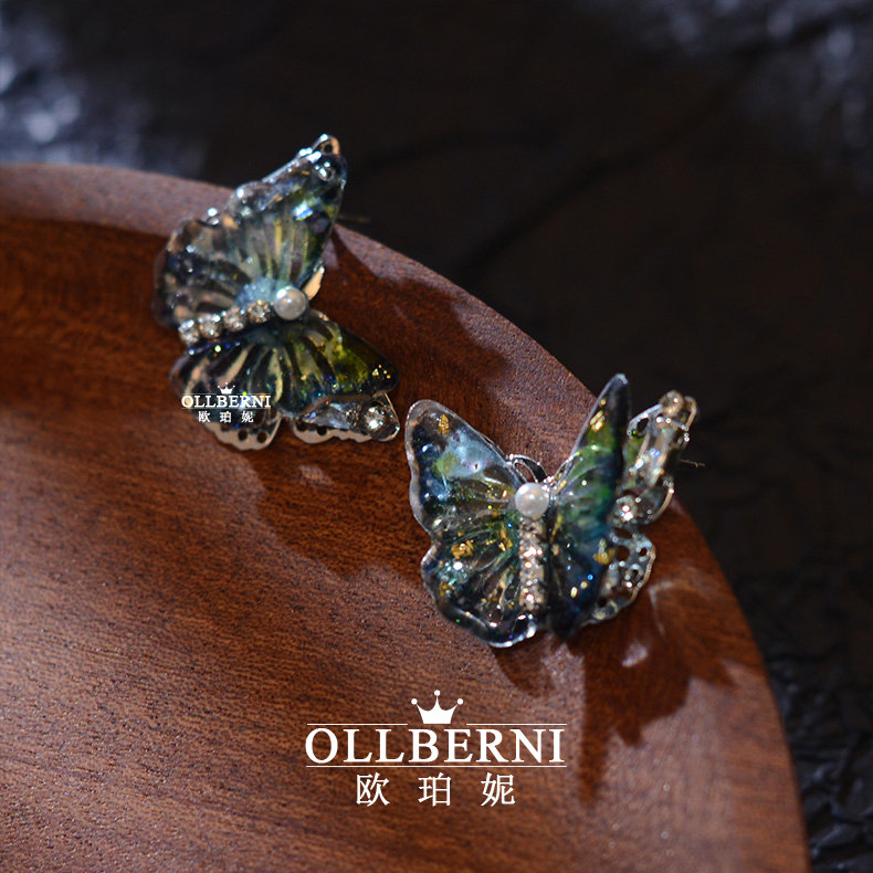 铜合金树脂耳饰 {西窗蝴蝶}简约个性气质小众蓝色轻奢耳环女5029