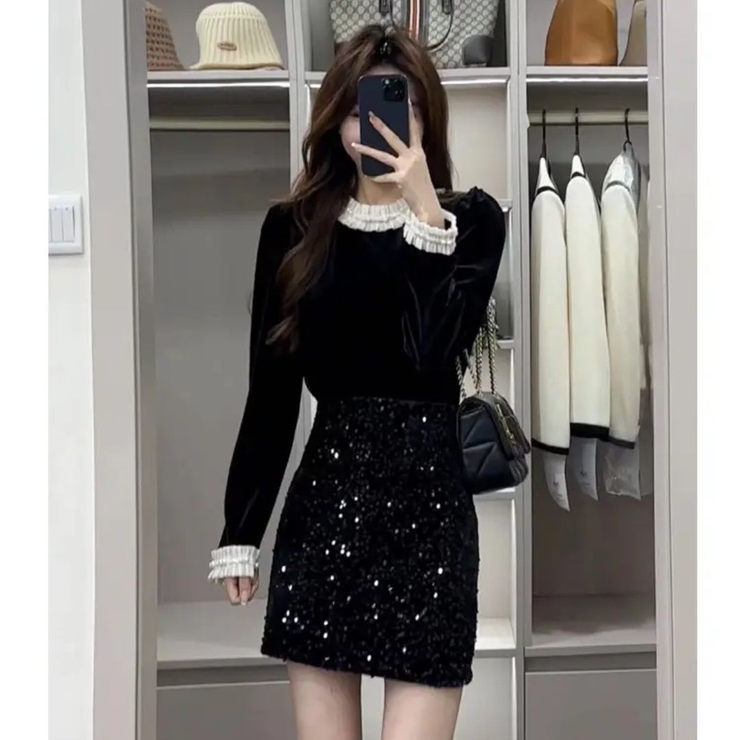 2025年秋季女春秋新款黑色洋气高级感黑色长袖女上衣半身裙两件套