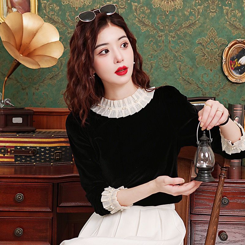 黑色金丝绒长袖打底衫女装秋季新款宽松显瘦上衣气质减龄法式小衫