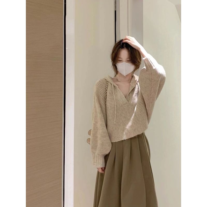 美拉德大码连帽毛衣女短款秋冬新款韩版宽松慵懒风显瘦针织衫上衣