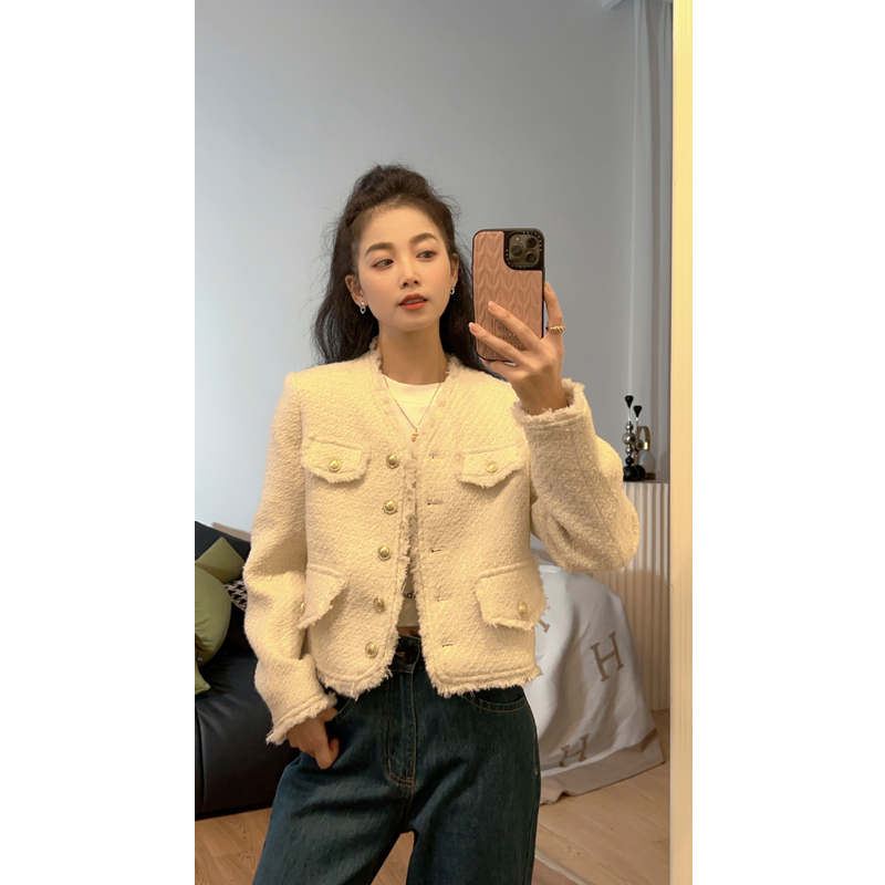 【苏苏家】小个子定制春秋款法式轻奢V领粗花呢小香风短款外套女