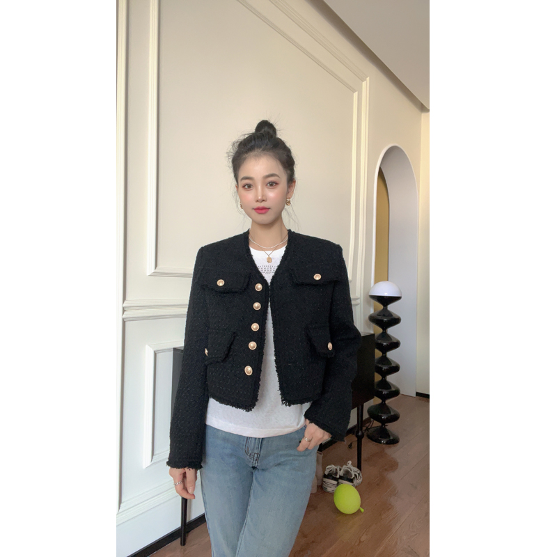 【苏苏家】专为小个子定制款黑色法式轻奢V领粗花呢小香风短款外套