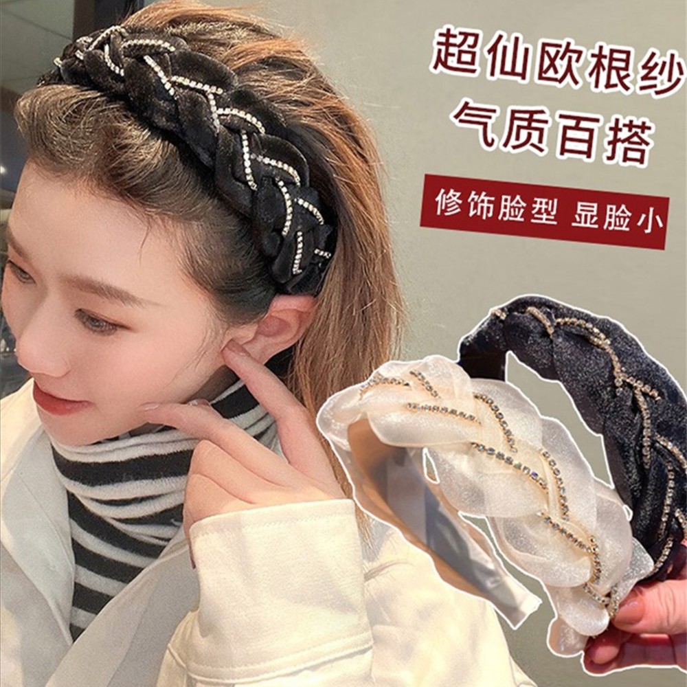 非金属布艺发饰 新款麻花编织发箍仙女欧根纱水钻