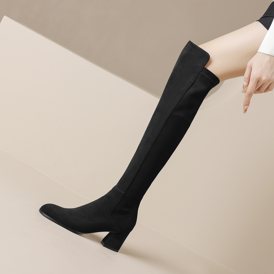 【跟高6cm】百搭过膝长靴女高跟圆头粗跟瘦瘦靴弹力靴长筒靴高筒靴