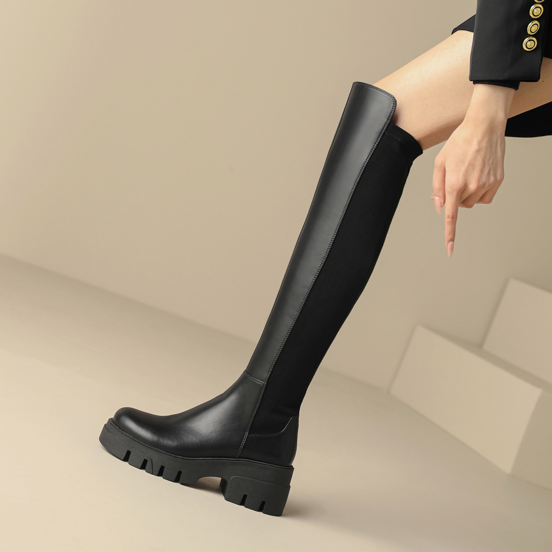 【跟高6cm】显瘦弹力靴过膝长靴女厚底高跟长筒靴粗跟高筒瘦瘦靴