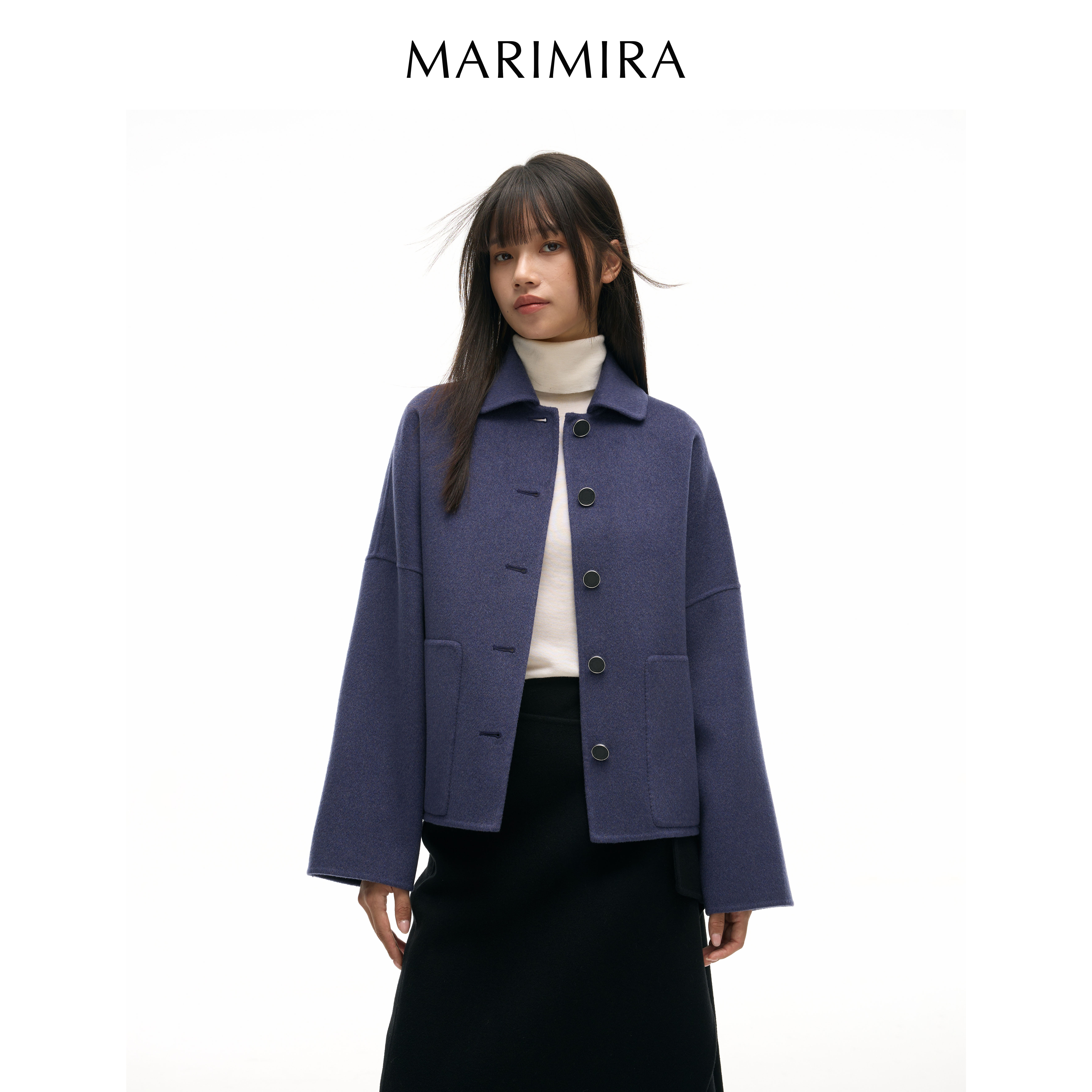 MARIMIRA秋冬系扣羊绒短款气质混紫色毛呢短外套2024928