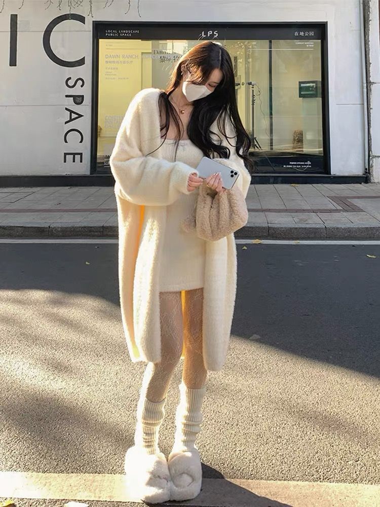 韩版2023秋冬慵懒宽松过膝中长款加厚纯欲仿水针织毛衣开衫外套女