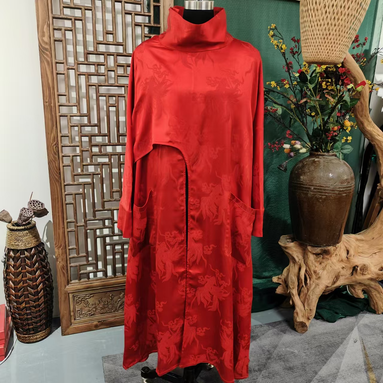 （NL191）凤徕兮私人定制红底金鱼暗纹设计款套头不规则连衣裙