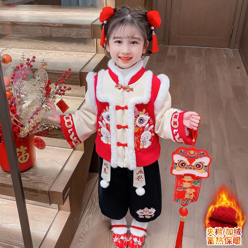 巴拉拉吧女童拜年服套装儿童汉服冬季唐装加绒加厚中国风宝宝喜庆