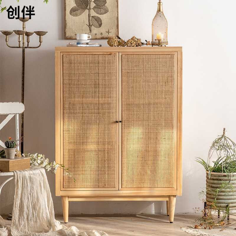 日式简约鞋柜透气玄关柜鞋柜侘寂藤编柜复古卧室储物柜藤编入户柜