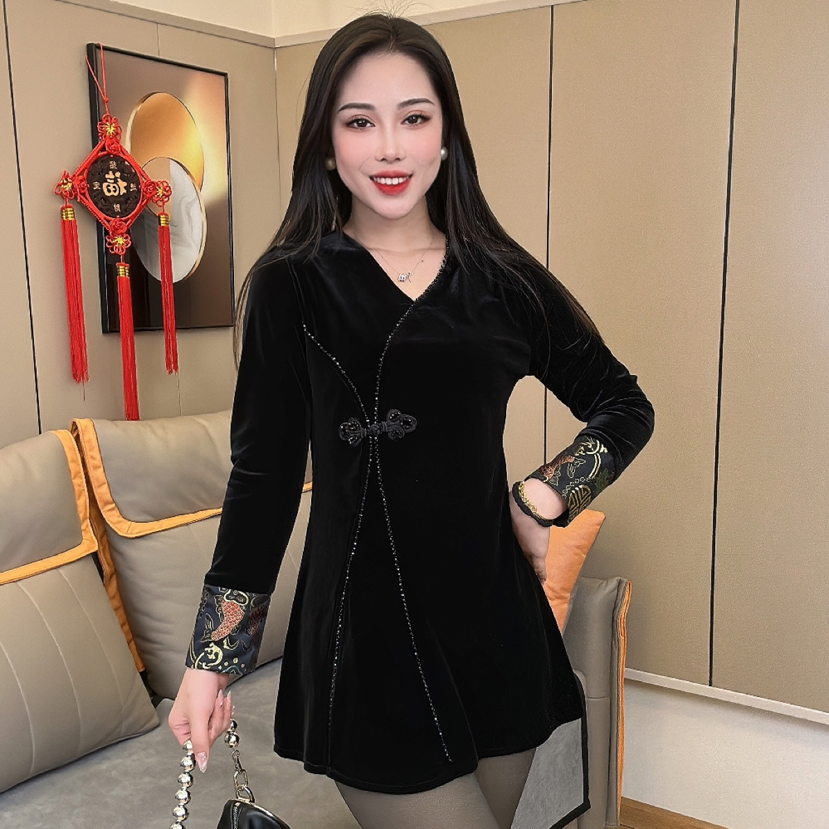 6652重工钉珠设计定制丝绒长衫复古长袖气质盘扣中式显瘦中国风式