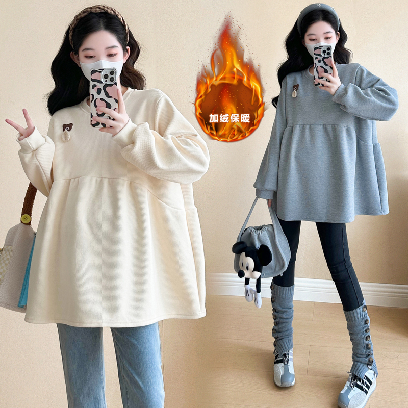 实拍现货2025孕妇新款冬季休闲华夫格加绒加厚复合宽松娃娃衫卫衣