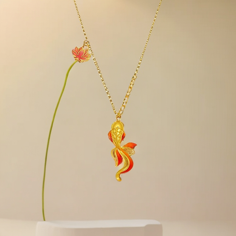 【梦金园】亿纯高精工足金99999黄金 锦鲤项链 珐琅