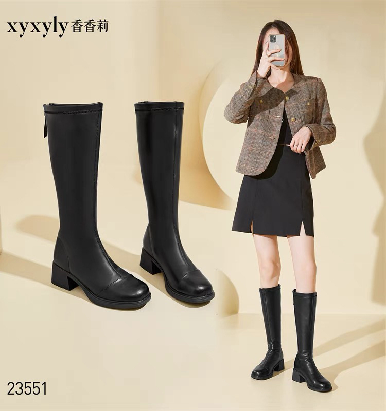 香香莉2023冬季新款加绒保暖网红粗跟松糕底高筒圆头女休闲棉靴子