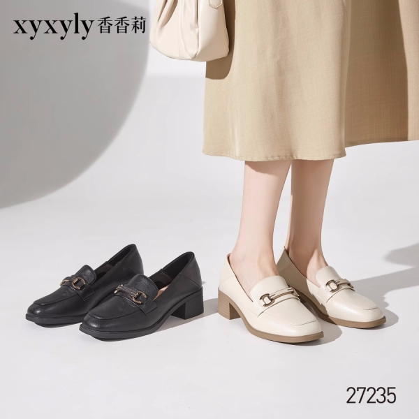 香香莉2024秋季新款深口中跟乐福鞋百搭舒适工作亮片女单鞋D27235