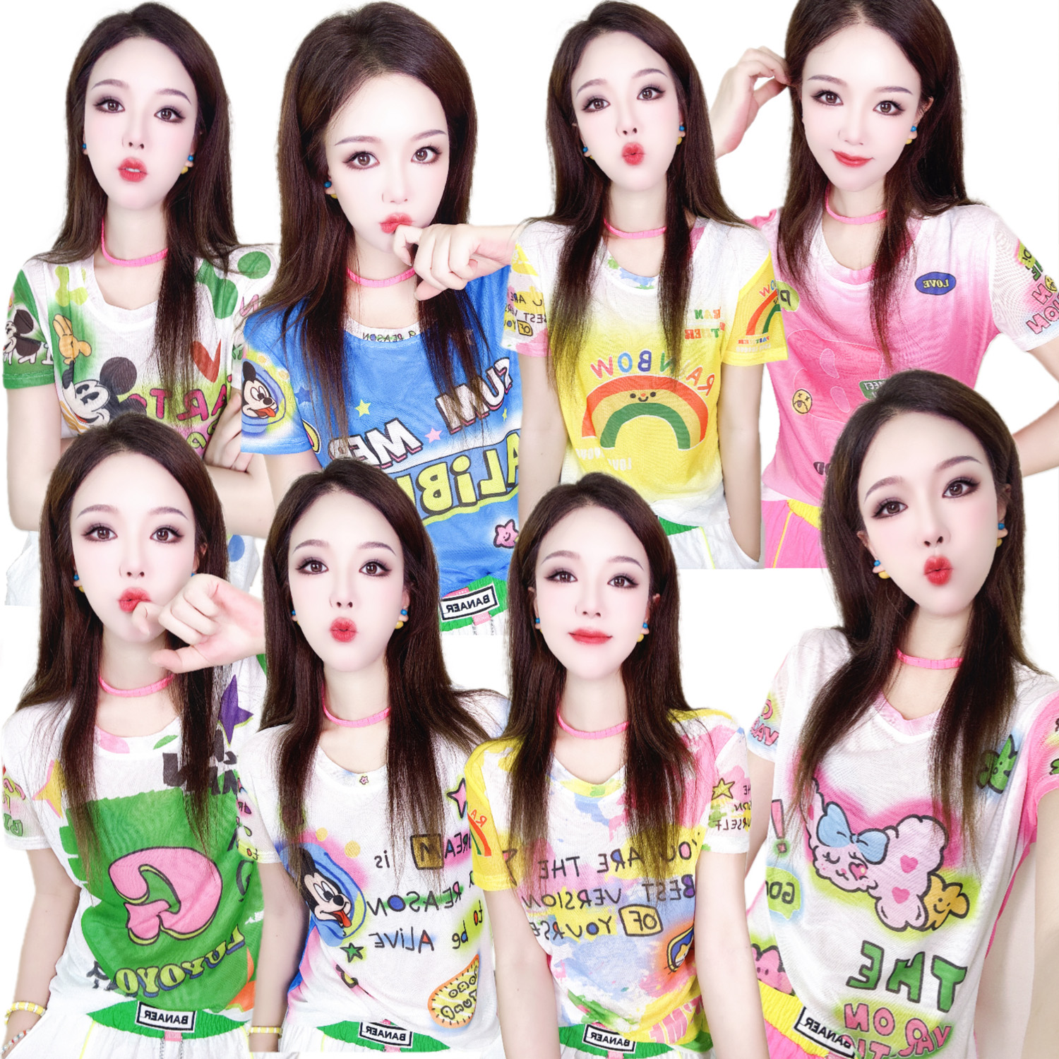 清仓A039夏装个性宽松显瘦时尚洋气减龄百搭网纱短袖T恤女两面穿