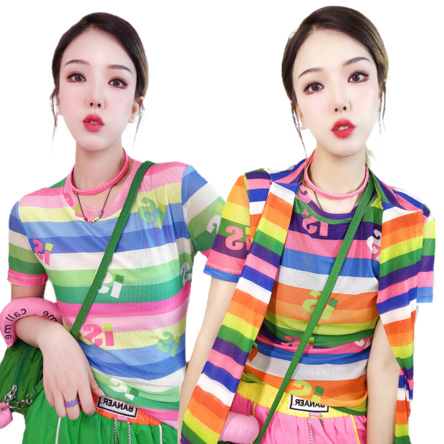 A114夏装新品原创潮牌修身显瘦时尚个性减龄彩色网纱短袖T恤女