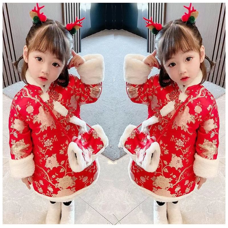 拜年服过年民族风女宝宝周岁冬季装女童秋冬小童旗袍加绒加厚棉服