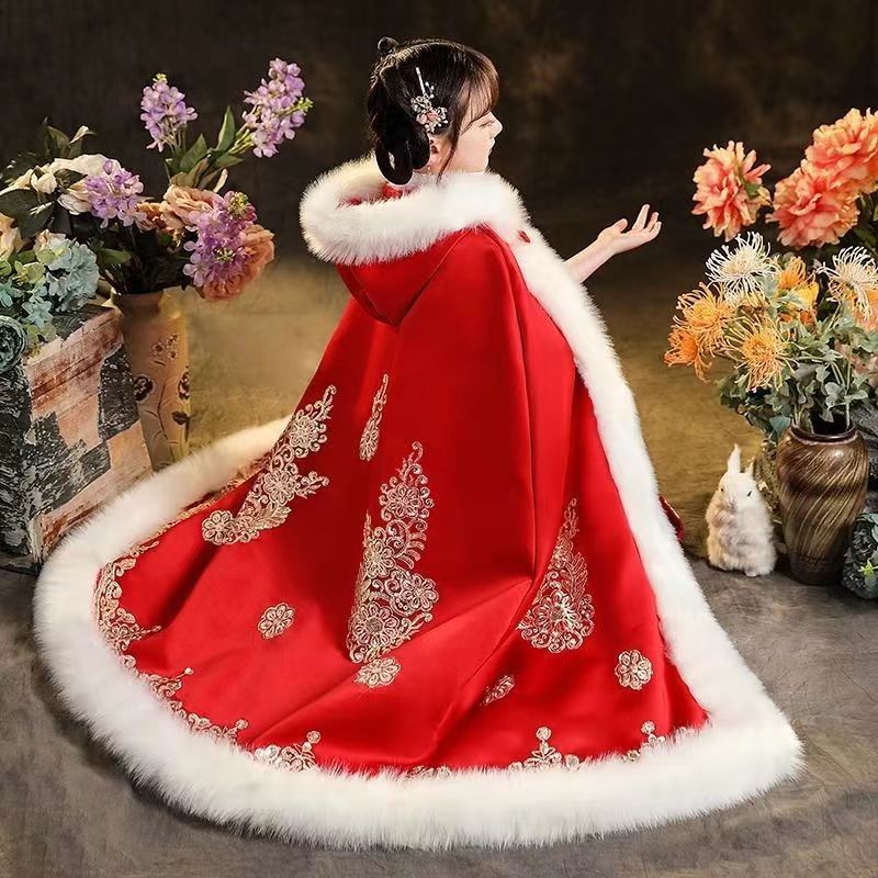 汉服新款披风斗篷儿童冬季女童秋冬加绒加厚保暖红色拜年古装公主