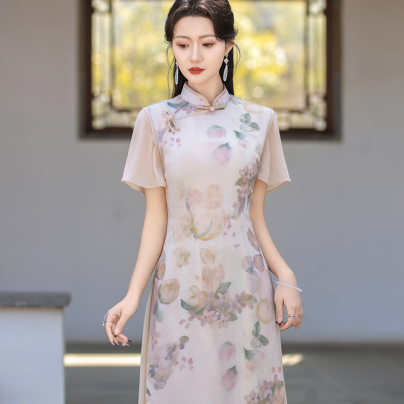 时尚送考妈妈装中式改良版旗袍连衣裙气质复古优雅走秀礼服裙夏季