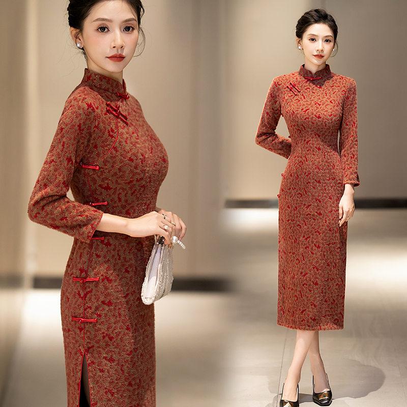 旗袍喜妈妈装冬装新款复古收腰敬酒服喜婆婆礼服日常优雅连衣裙