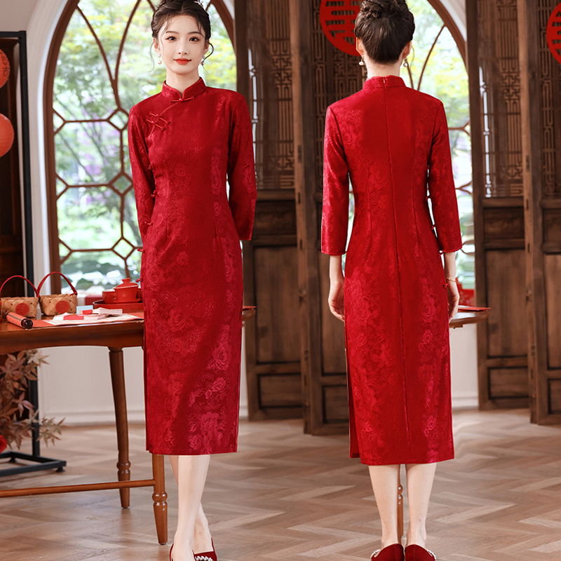 红色旗袍中国风婚礼喜婆婆喜妈妈婚宴装礼服高端日常敬酒服春裙子