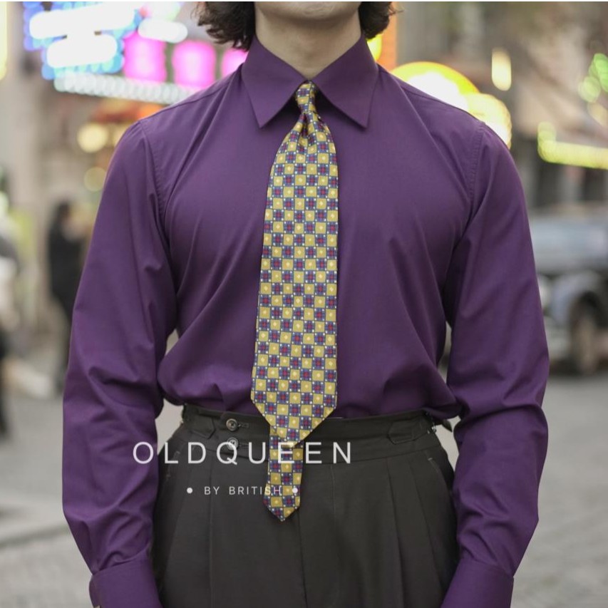 Old Queen 紫色法式衬衫八字领衬衫男士时尚百搭休闲衬衣意式个性