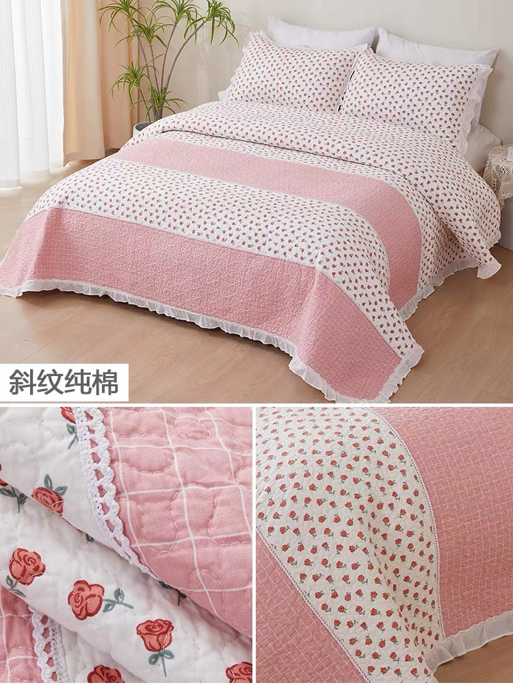 新款韩式夹棉小香风双面全棉花边床盖三件套纯棉加厚床单双人床