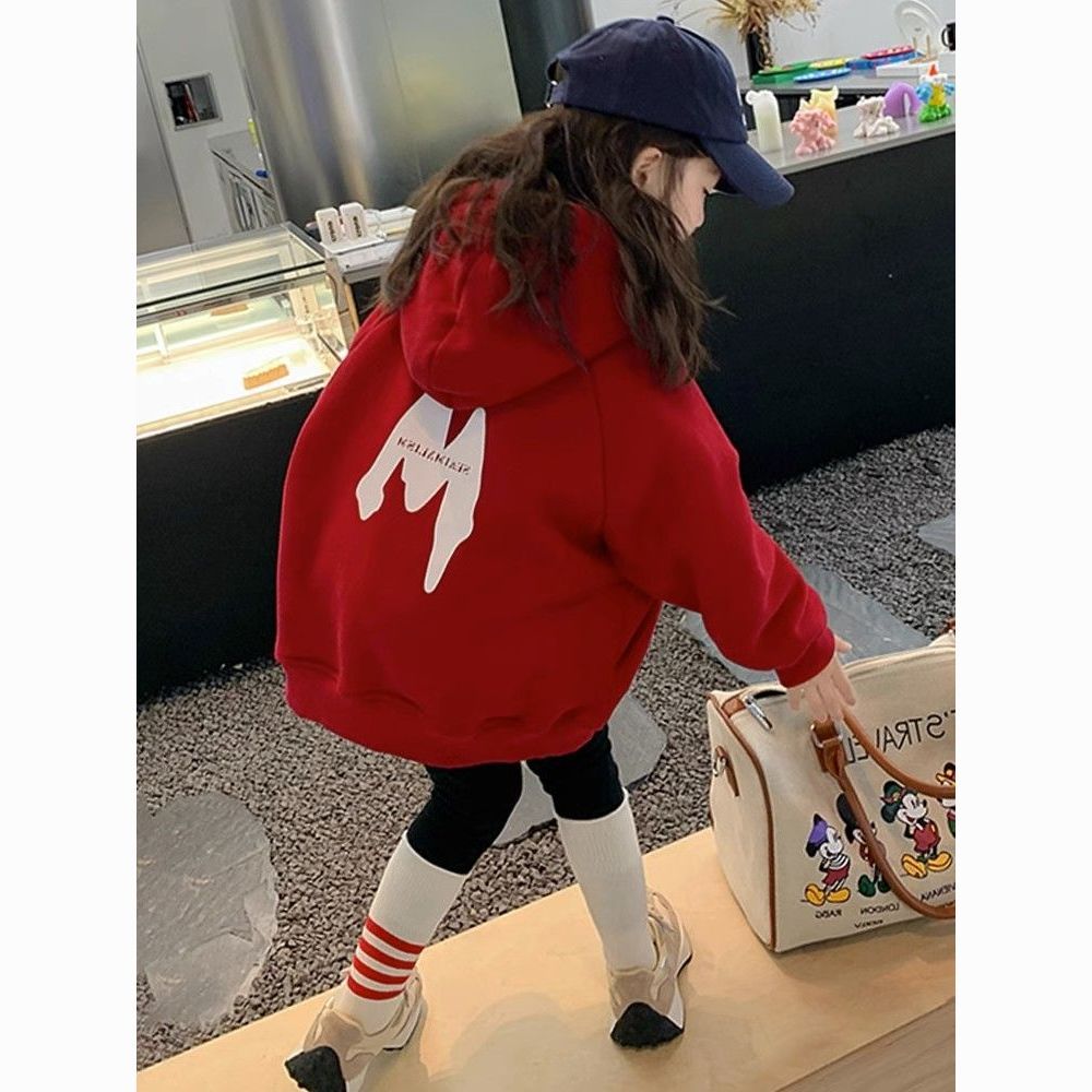 红色女童卫衣加绒加厚中长款冬季儿童卫衣2023衣服潮款加绒款洋气