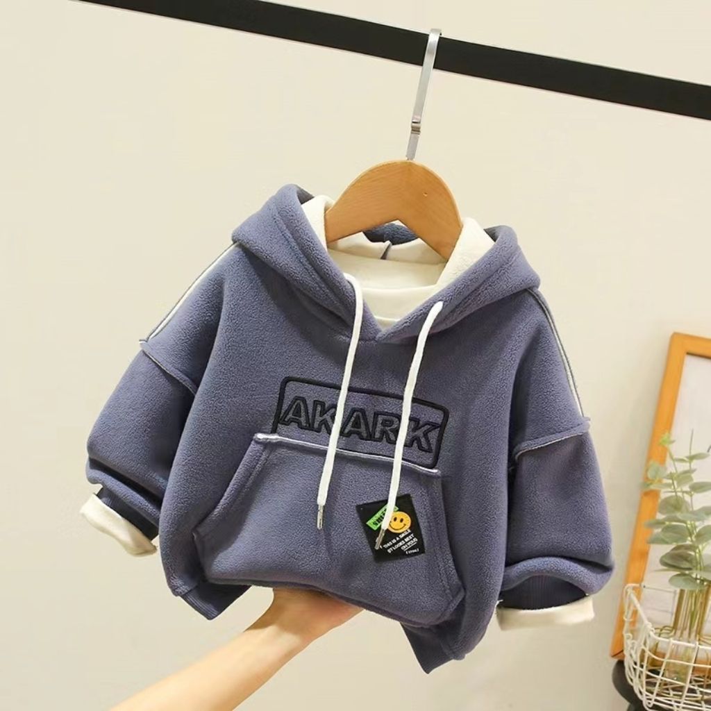 时尚男女童一体绒卫衣洋气连帽红色6-12岁衣服秋冬加绒款潮款卫衣