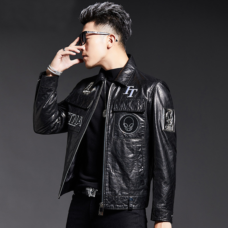 秋季海宁真皮皮衣男士短款修身绵羊皮时尚青年皮夹克机车皮衣外套