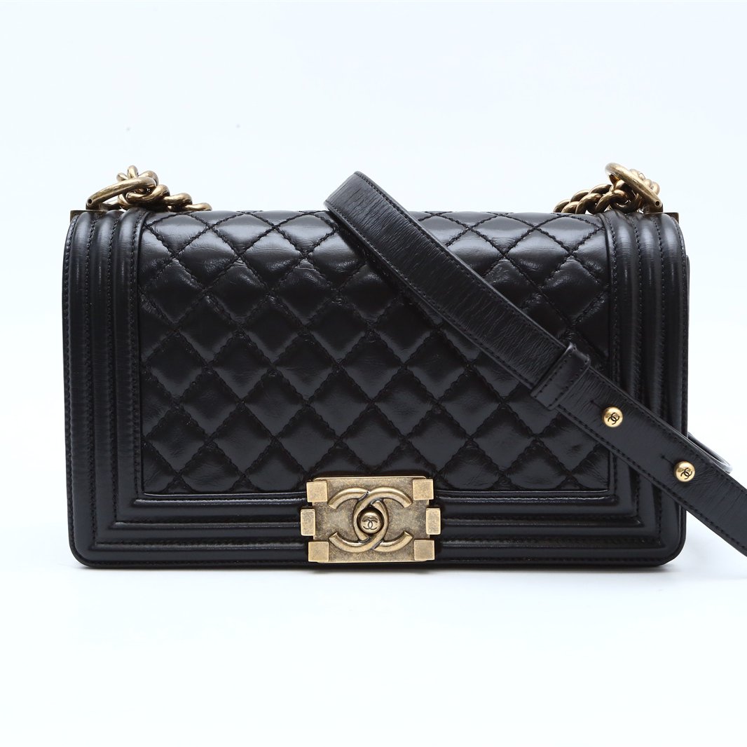 99新 Chanel/香奈儿 小花攀攀Leboy 中号 25cm 黑金 皮革S 17开