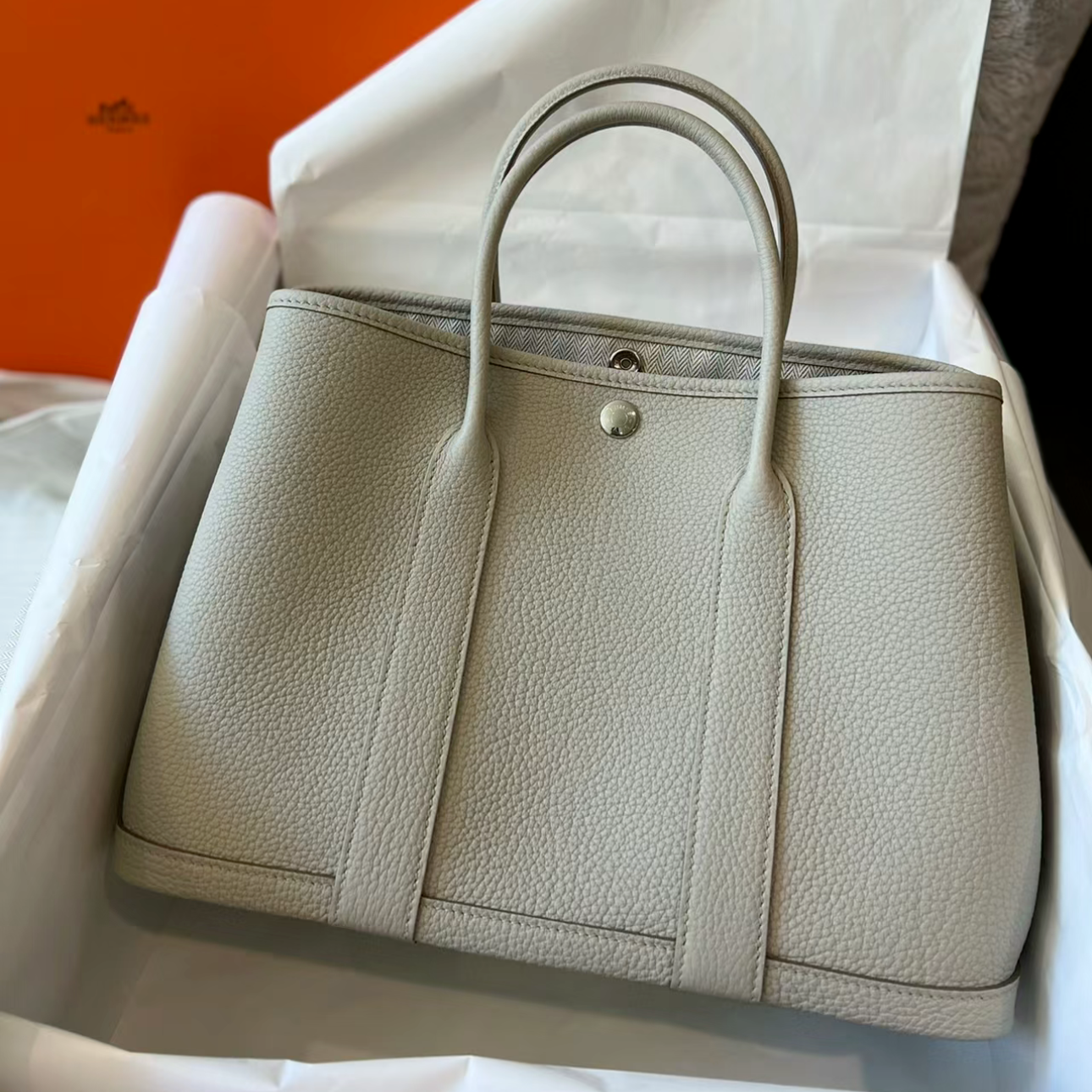 全新未使用 Hermes/爱马仕 小花6珊 花园包 30 冰川白NEGONA皮B刻
