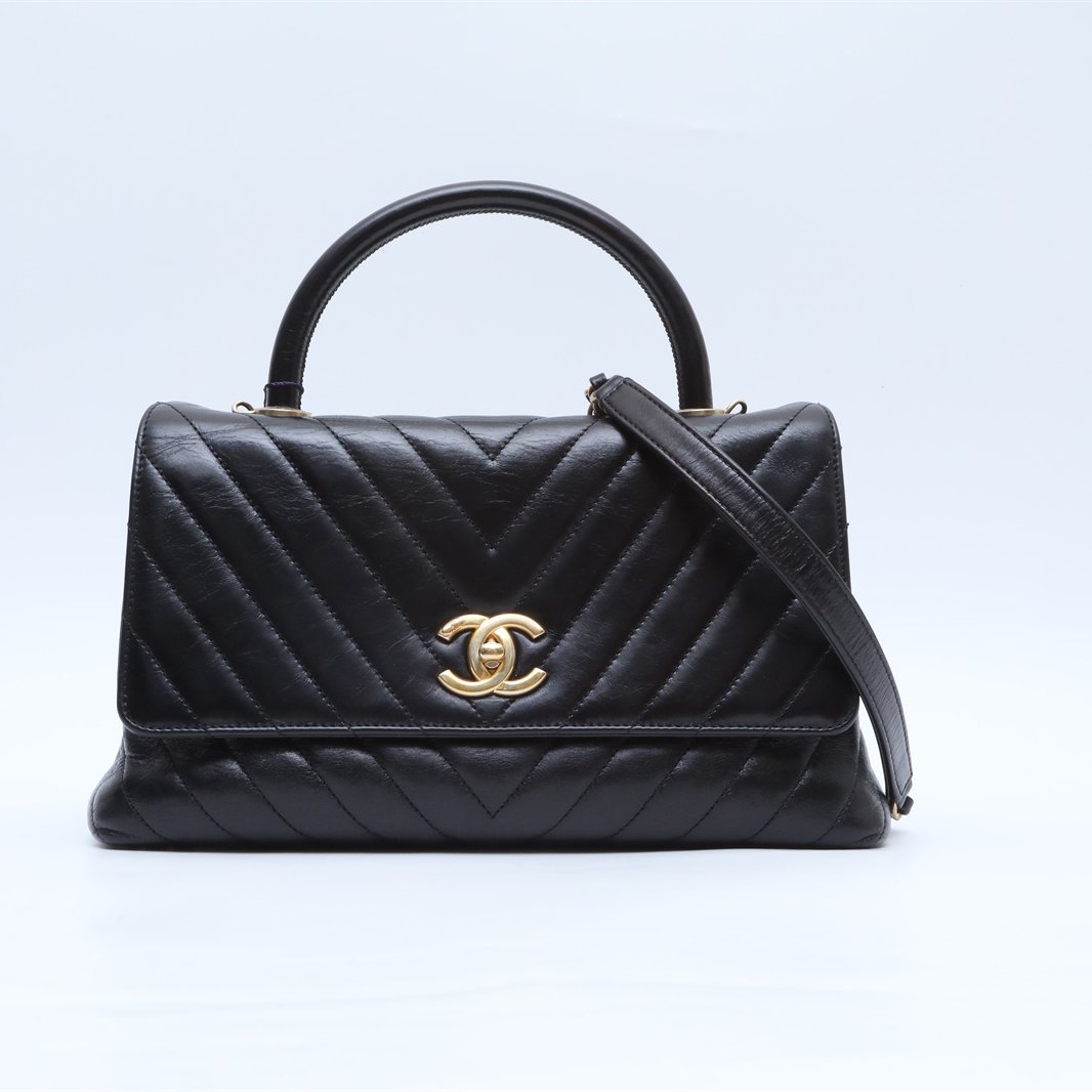 99新 Chanel/香奈儿 小花双双 Coco Handle 中号 黑色 皮革C 24开