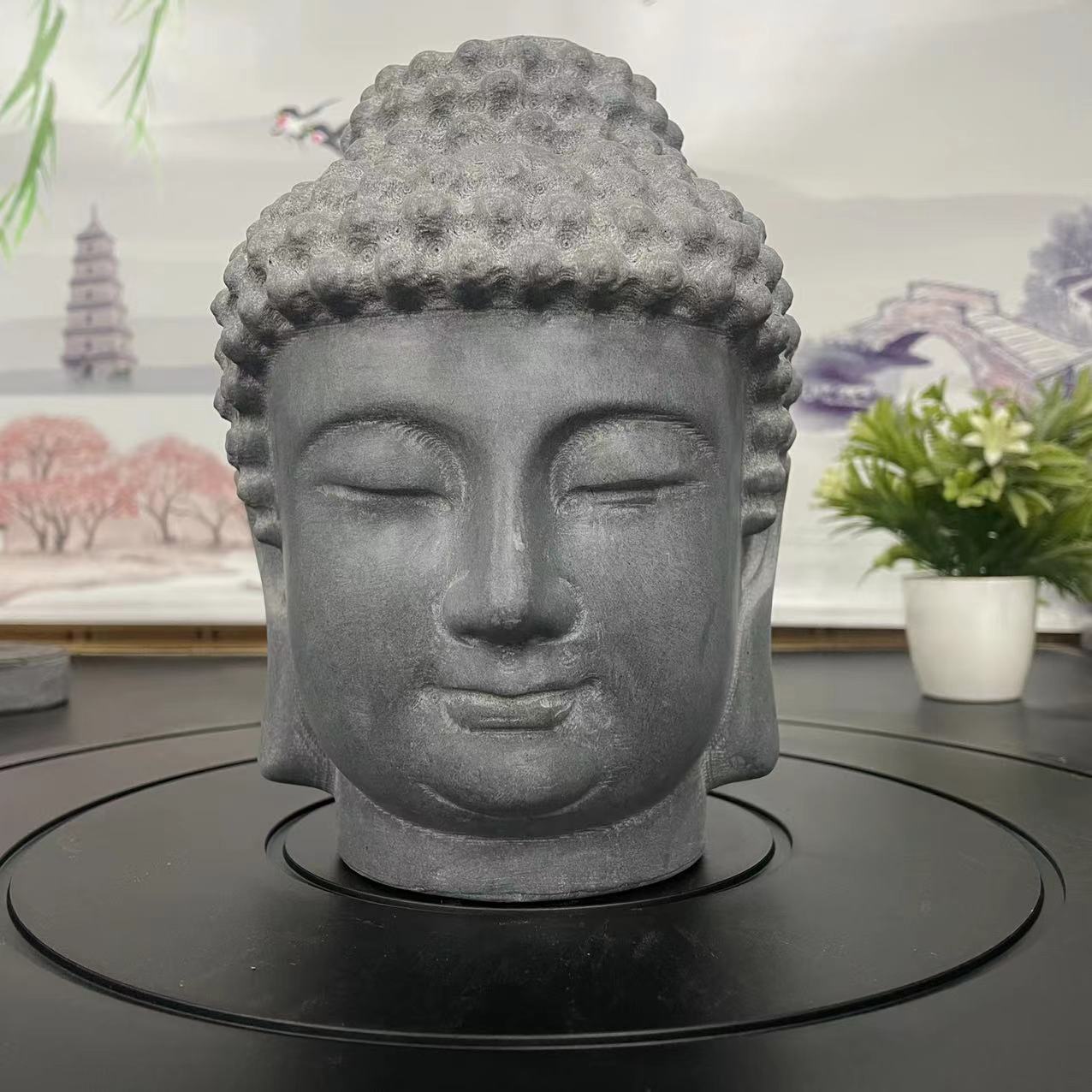 山西青石【高18厘米】中式佛头摆件工艺品/茶室会所博古架装饰摆件