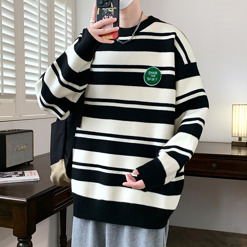 日系条纹毛衣男秋冬季新款青少年潮流简约宽松休闲针织衫外套