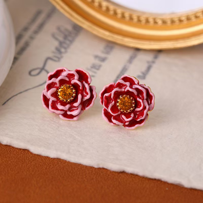 铜合金珐琅耳饰 复古铜合金珐琅耳饰红色花朵耳钉气质925银针