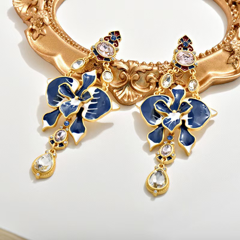 铜合金耳饰 轻奢复古简约个性时尚耳环法式蓝色气质925银针