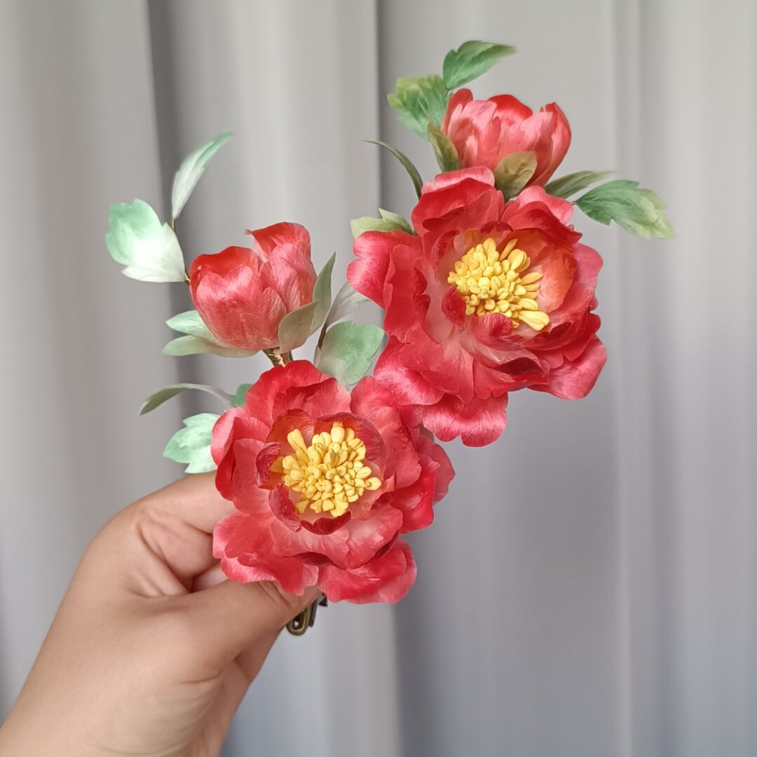 非遗绒花双头牡丹花纯手工搭配汉服旗袍新中式送礼复古气质发饰