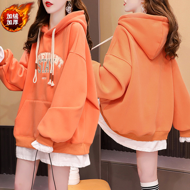 刺绣字母假两件加绒卫衣女秋冬季新款韩版宽松加厚百搭设计感上衣