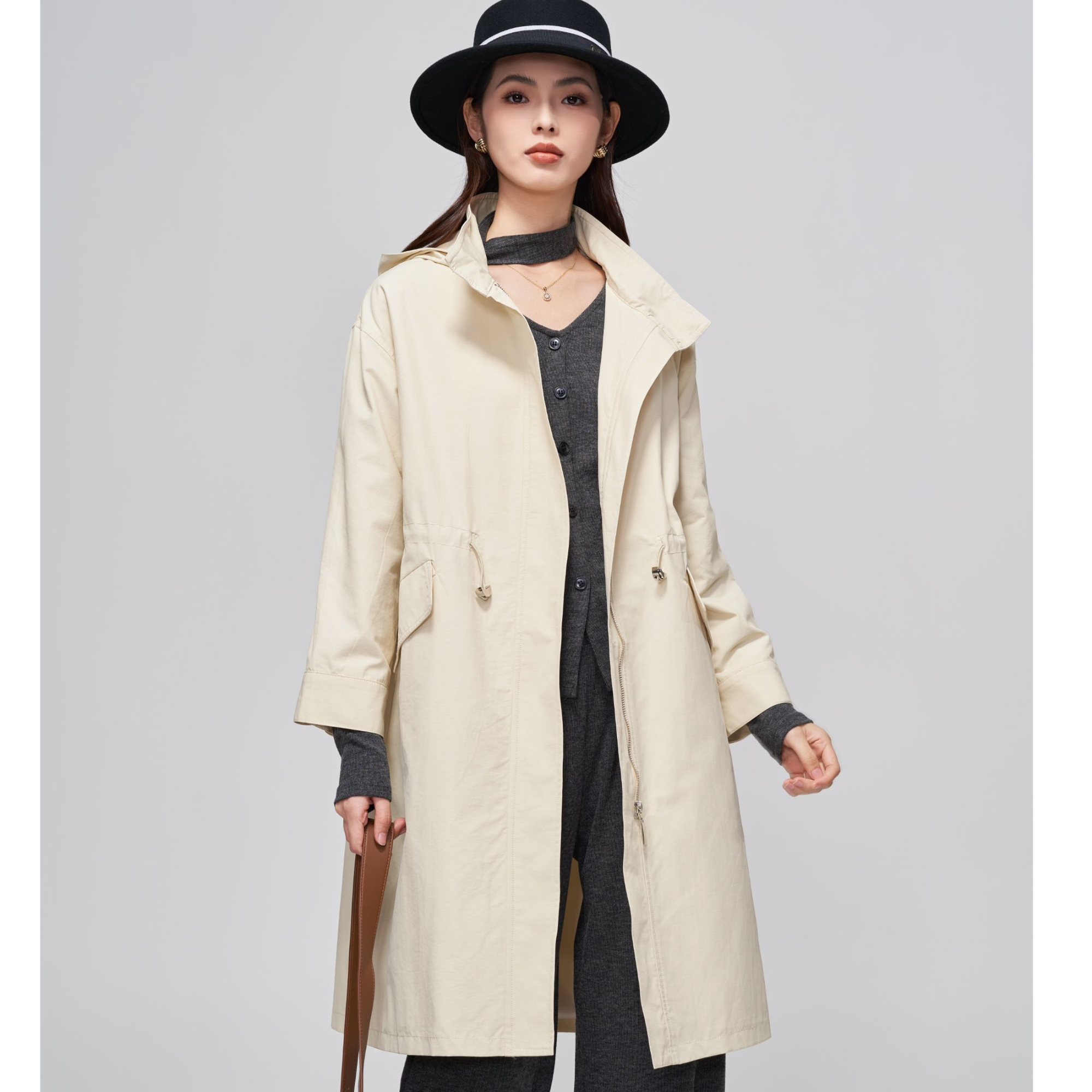 MY TENO/马天奴VRAH32春秋百搭女士春季连帽宽松中长款休闲风衣