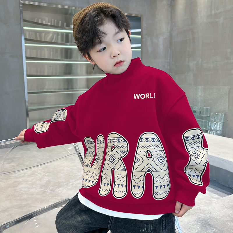 男童冬季加绒红色卫衣2023新款大儿童冬装男孩本命年拜年服加厚潮