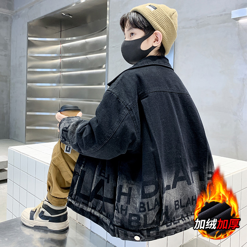儿童装男童冬装外套加绒2023新款冬季中大童男孩秋冬款牛仔加厚潮