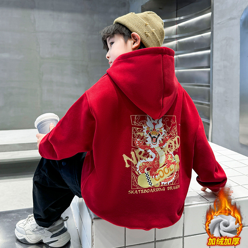 男童连帽加绒卫衣秋冬新款加厚红色龙年新年年服中大童打底衫上衣