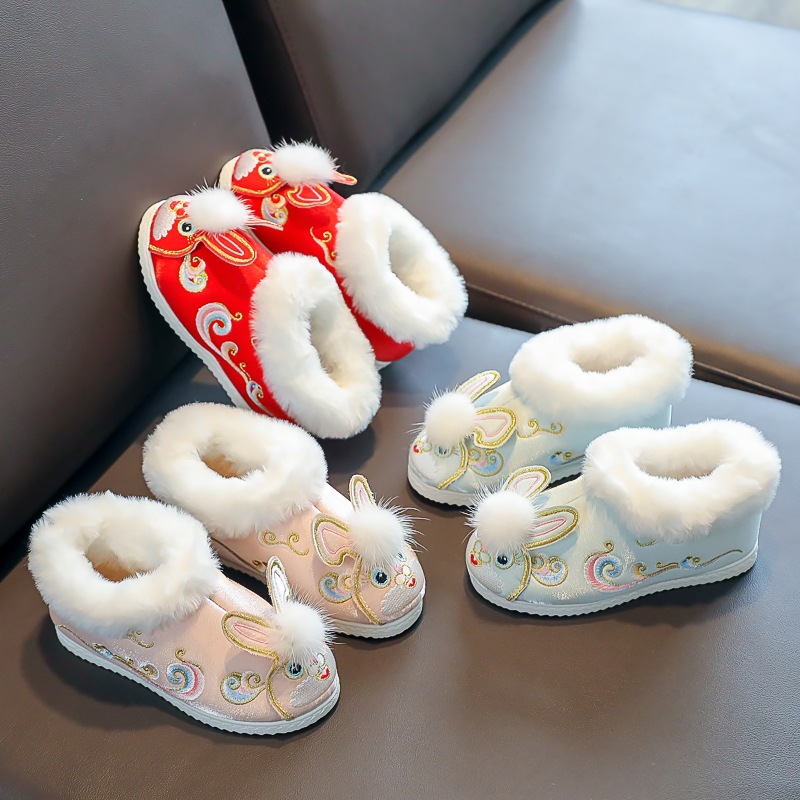 TJ0006【点点兔】（鞋码偏小拍大一码）冬季汉服鞋薄绒平底儿童鞋短靴