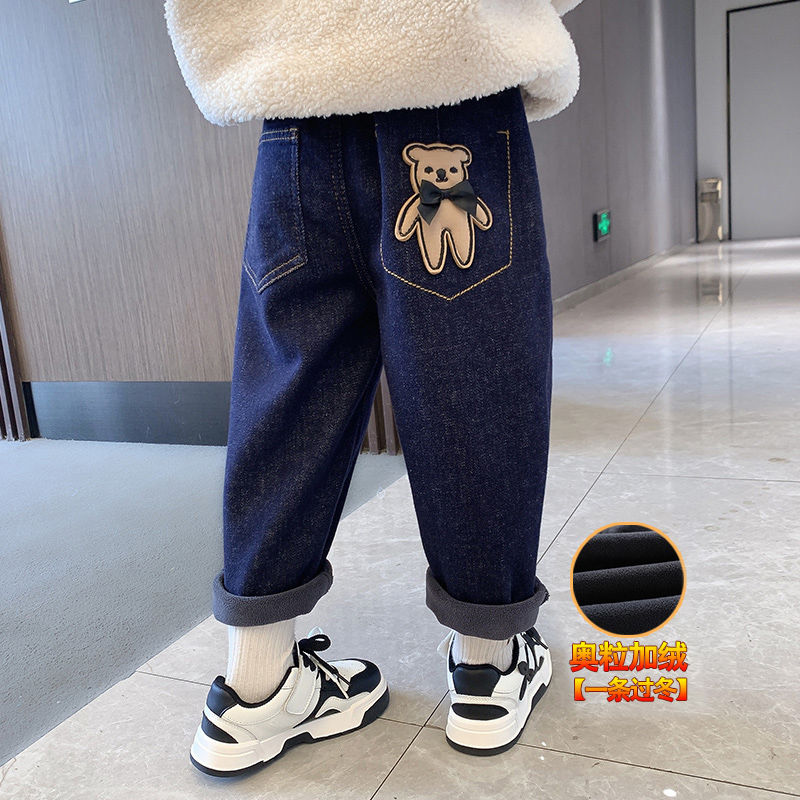 女童加绒牛仔裤秋冬新款中小儿童加厚一体绒长裤宝宝保暖外穿裤RT